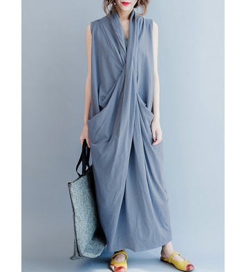 Women Sleeveless V Neck Solid Color Maxi Dress