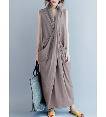 Women Sleeveless V Neck Solid Color Maxi Dress