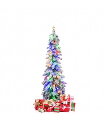 4 Feet Pre-Lit Artificial Christmas Tree Snow-Flocked Slim Pencil Xmas Decor - Color: White - Size: 4 ft