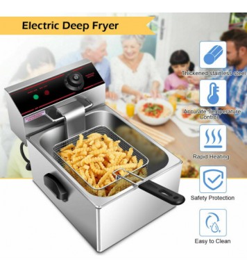 1700W Single Electric Deep Fryer with Basket Scoop Unit - Color: Silver