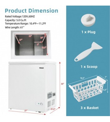 5.2 Cu.ft Chest Freezer Upright Single Door Refrigerator with 3 Baskets-White - Color: White