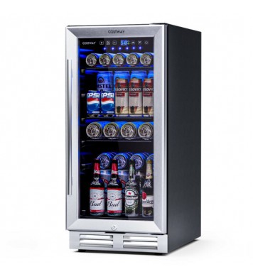 15 Inch 100 Can Built-in Freestanding Beverage Cooler Refrigerator with Adjustable Temperature and Shelf-Silver - Color: Silver