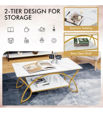 2-Tier Coffee Table Gold Rectangle for Living Room-Golden - Color: Golden