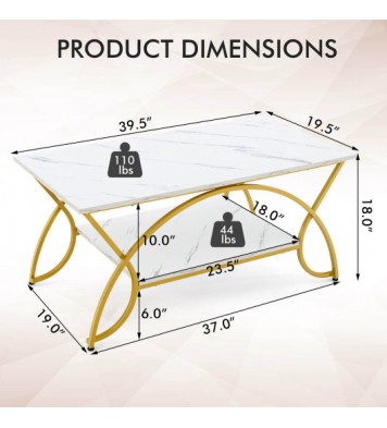 2-Tier Coffee Table Gold Rectangle for Living Room-Golden - Color: Golden