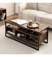 3-Tier Industrial Style Coffee Table with Open Shelf and 3 Storage Cubbies-Rustic Brown - Color: Rustic Brown