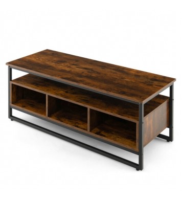 3-Tier Industrial Style Coffee Table with Open Shelf and 3 Storage Cubbies-Rustic Brown - Color: Rustic Brown