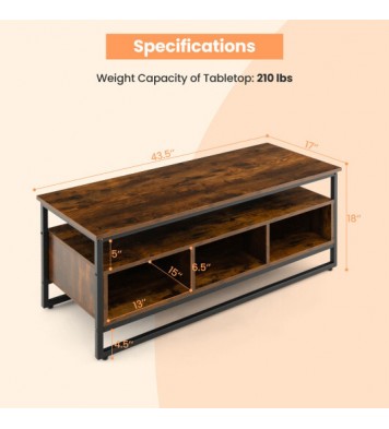 3-Tier Industrial Style Coffee Table with Open Shelf and 3 Storage Cubbies-Rustic Brown - Color: Rustic Brown