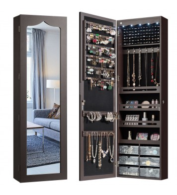 5 LEDs Jewelry Armoire Wall Mounted / Door Hanging Mirror-Brown - Color: Brown