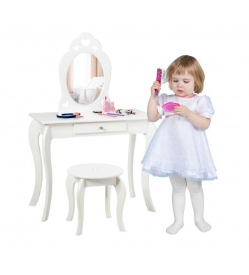 Kids Princess Makeup Dressing Play Table Set with Mirror -White - Color: White