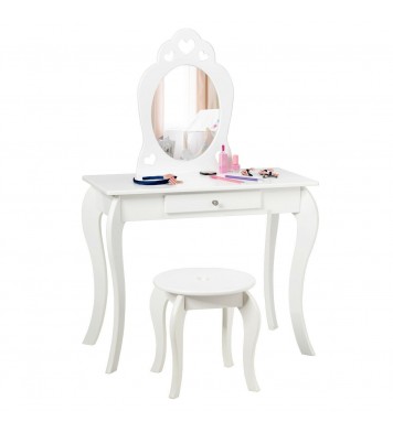 Kids Princess Makeup Dressing Play Table Set with Mirror -White - Color: White