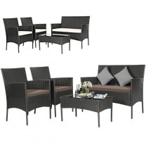 4 Pieces Patio Rattan Cushioned Sofa Set with Tempered Glass Coffee Table-Gray & Off White - Color: Gray & Off White