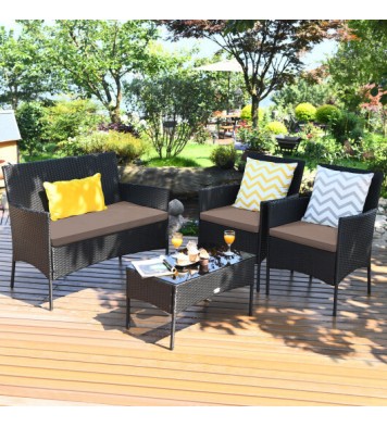 4 Pieces Patio Rattan Cushioned Sofa Set with Tempered Glass Coffee Table-Gray & Off White - Color: Gray & Off White