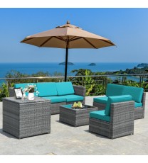 8 Piece Wicker Sofa Rattan Dinning Set Patio Furniture with Storage Table-Turquoise - Color: Turquoise