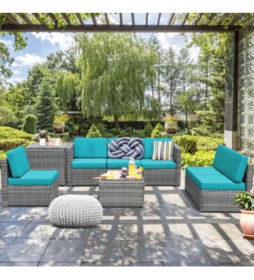 8 Piece Wicker Sofa Rattan Dinning Set Patio Furniture with Storage Table-Turquoise - Color: Turquoise