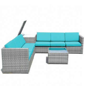 8 Piece Wicker Sofa Rattan Dinning Set Patio Furniture with Storage Table-Turquoise - Color: Turquoise