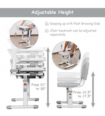 Adjustable Kids Desk Chair Set with Lamp and Bookstand-Gray - Color: Gray