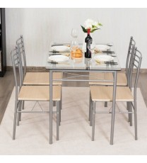 5 Pieces Dining Set Glass Table and 4 Chairs - Color: Natural