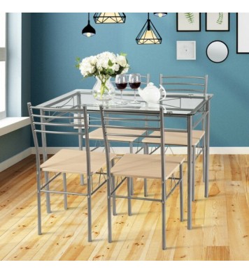 5 Pieces Dining Set Glass Table and 4 Chairs - Color: Natural