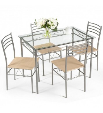 5 Pieces Dining Set Glass Table and 4 Chairs - Color: Natural