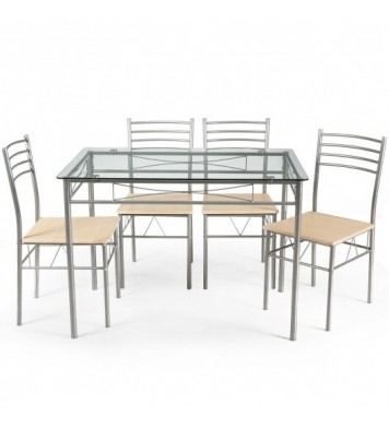 5 Pieces Dining Set Glass Table and 4 Chairs - Color: Natural