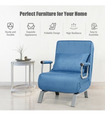 Folding 6 Position Convertible Sleeper Bed Armchair Lounge Couch with Pillow-Blue - Color: Blue