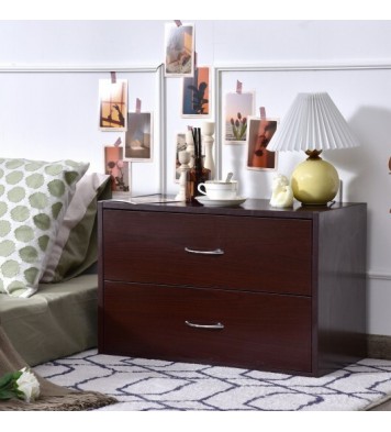 2-Drawer Dresser Horiztonal Organizer End Table Nightstand with Handle Wood-Brown - Color: Brown