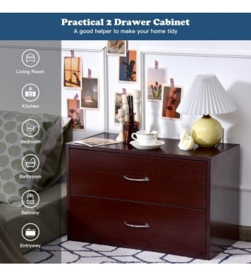 2-Drawer Dresser Horiztonal Organizer End Table Nightstand with Handle Wood-Brown - Color: Brown