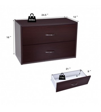 2-Drawer Dresser Horiztonal Organizer End Table Nightstand with Handle Wood-Brown - Color: Brown