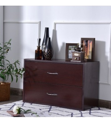 2-Drawer Dresser Horiztonal Organizer End Table Nightstand with Handle Wood-Brown - Color: Brown