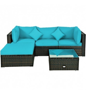 5 Pcs Outdoor Patio Rattan Furniture Set Sectional Conversation with Navy Cushions-Turquoise - Color: Turquoise