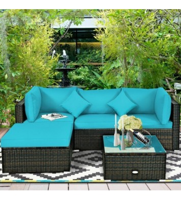 5 Pcs Outdoor Patio Rattan Furniture Set Sectional Conversation with Navy Cushions-Turquoise - Color: Turquoise