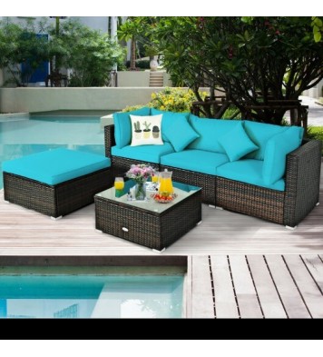 5 Pcs Outdoor Patio Rattan Furniture Set Sectional Conversation with Navy Cushions-Turquoise - Color: Turquoise