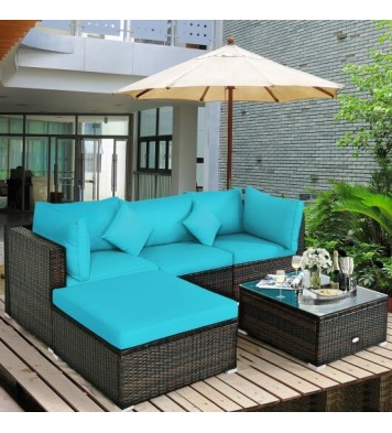 5 Pcs Outdoor Patio Rattan Furniture Set Sectional Conversation with Navy Cushions-Turquoise - Color: Turquoise