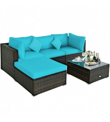 5 Pcs Outdoor Patio Rattan Furniture Set Sectional Conversation with Navy Cushions-Turquoise - Color: Turquoise