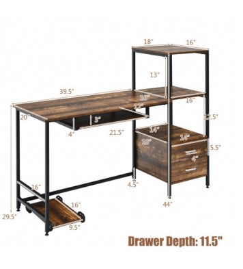 55.5 Inch Computer Desk with Movable Stand and Bookshelves-Rustic Brown - Color: Rustic Brown