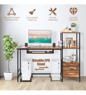 55.5 Inch Computer Desk with Movable Stand and Bookshelves-Rustic Brown - Color: Rustic Brown