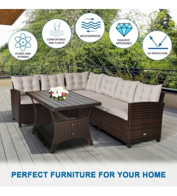 3 Pieces Hand-Woven Rattan Outdoor Sofa Set with Dining Table - Color: Brown