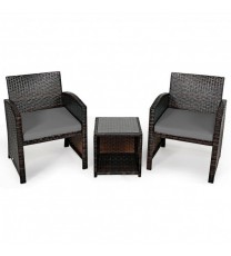 3 Pieces PE Rattan Wicker Furniture Set with Cushion Sofa Coffee Table for Garden-Gray - Color: Gray