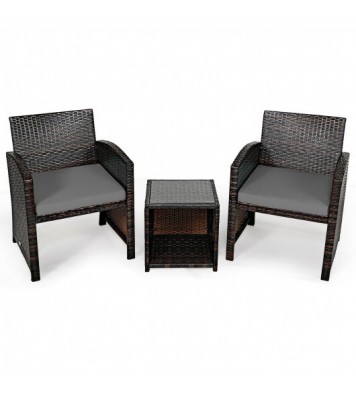 3 Pieces PE Rattan Wicker Furniture Set with Cushion Sofa Coffee Table for Garden-Gray - Color: Gray