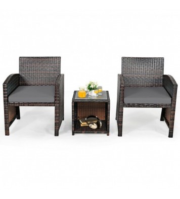 3 Pieces PE Rattan Wicker Furniture Set with Cushion Sofa Coffee Table for Garden-Gray - Color: Gray