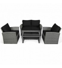 4 Pieces Patio Rattan Furniture Set Sofa Table with Storage Shelf Cushion-Black - Color: Black