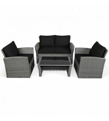 4 Pieces Patio Rattan Furniture Set Sofa Table with Storage Shelf Cushion-Black - Color: Black