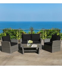 4 Pieces Patio Rattan Furniture Set Sofa Table with Storage Shelf Cushion-Black - Color: Black