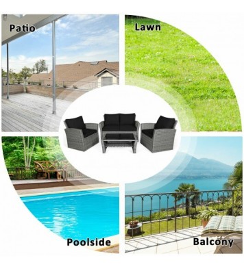 4 Pieces Patio Rattan Furniture Set Sofa Table with Storage Shelf Cushion-Black - Color: Black