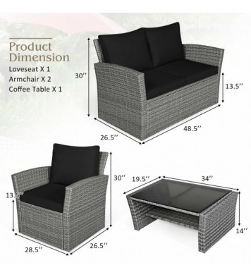 4 Pieces Patio Rattan Furniture Set Sofa Table with Storage Shelf Cushion-Black - Color: Black