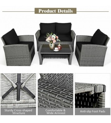 4 Pieces Patio Rattan Furniture Set Sofa Table with Storage Shelf Cushion-Black - Color: Black