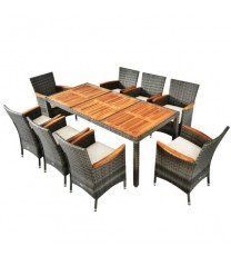 9 Pieces Rattan Patio Dining Set with Acacia Wood Table and Cushioned Chair - Color: Gray