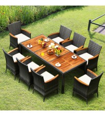 9 Pieces Rattan Patio Dining Set with Acacia Wood Table and Cushioned Chair - Color: Gray