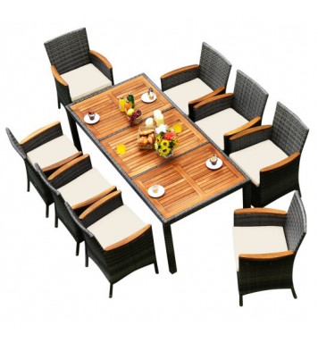 9 Pieces Rattan Patio Dining Set with Acacia Wood Table and Cushioned Chair - Color: Gray