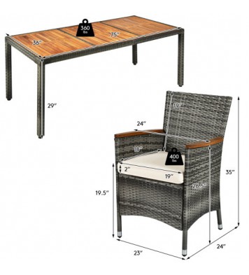 9 Pieces Rattan Patio Dining Set with Acacia Wood Table and Cushioned Chair - Color: Gray